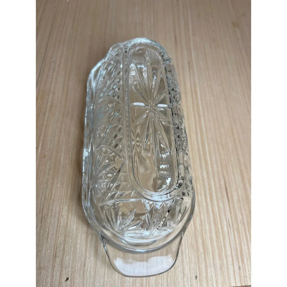 Vintage Clear Pressed Glass Butter Dish w/Lid Starburst Diamond Pattern USA MCM